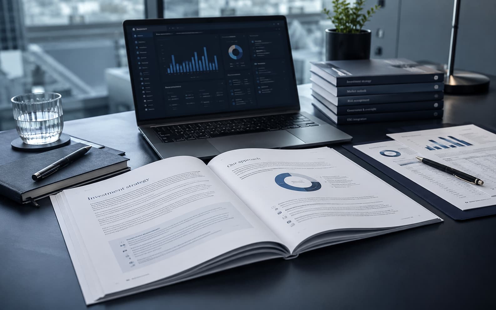 Official PLUS whitepaper document with financial reports and structured documentation on a professional desk