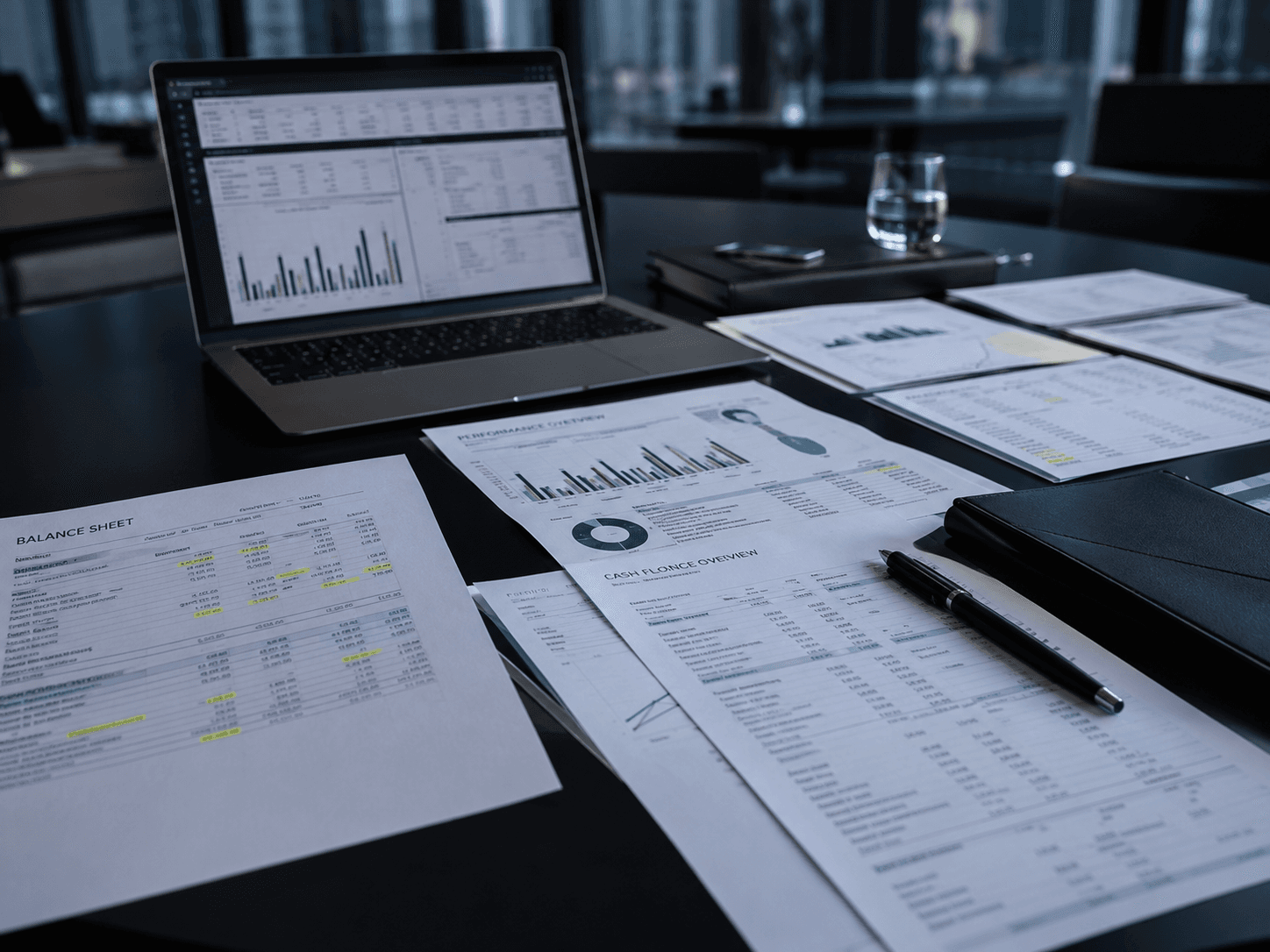 Financial documents, business data and reports being analyzed to make real value more legible and demonstrable.