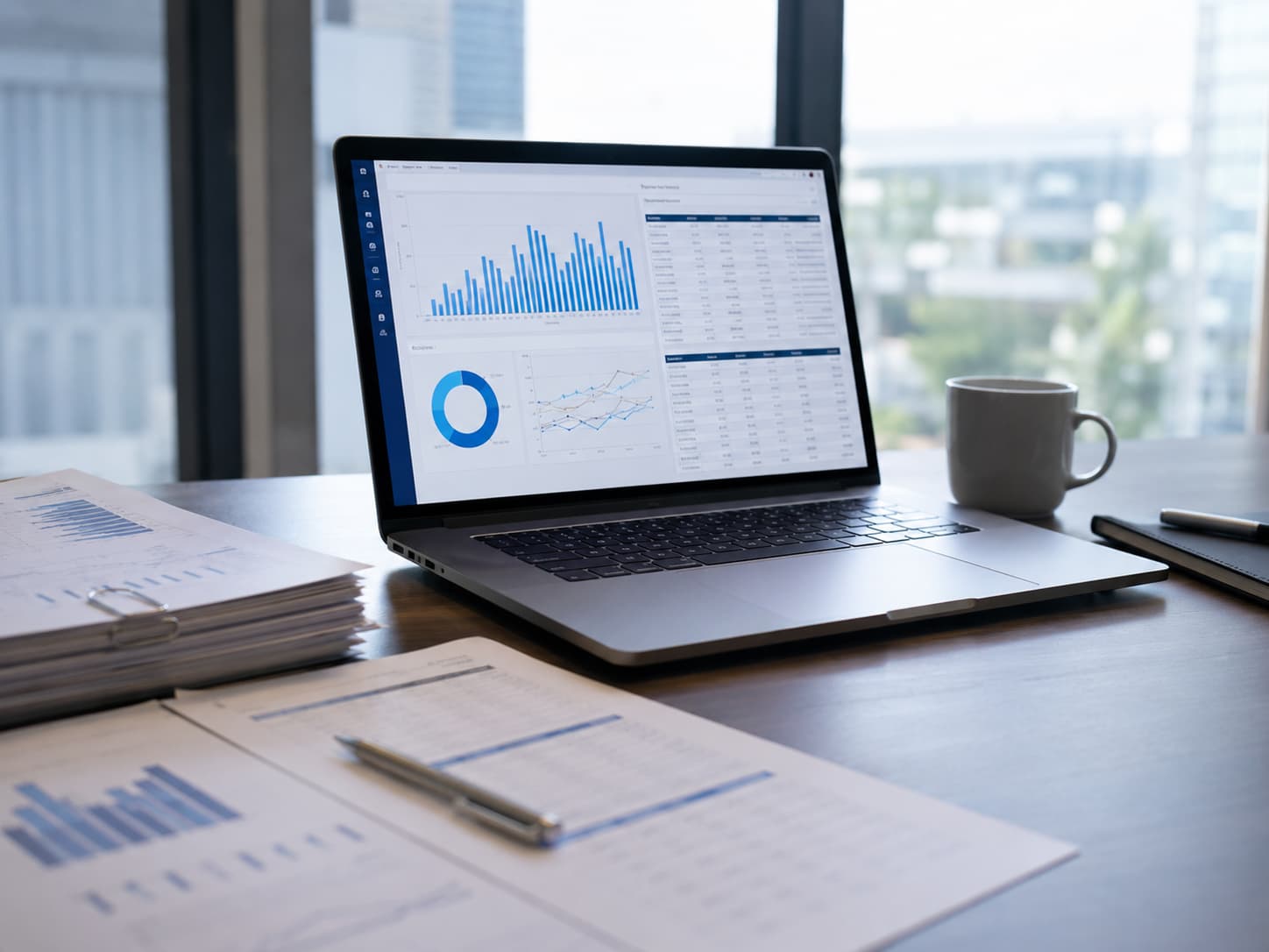 Financial dashboard and business documents used for data analysis and normalization