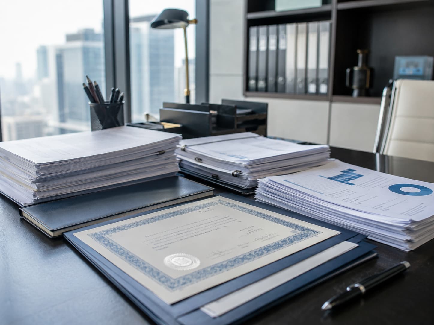 Financial documents, certifications and corporate reports organized on a professional desk